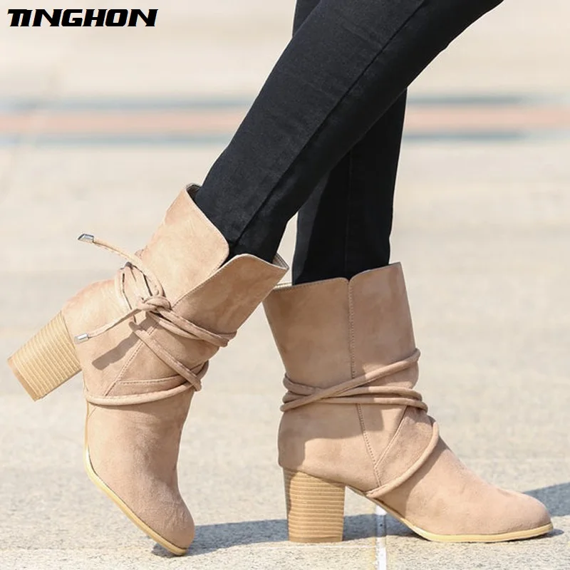 

TINGHON Lace-up Sexy Winter Ankle Boots Women High Heels Short Plush Pointed Toe Fashion Motorcycle Boots