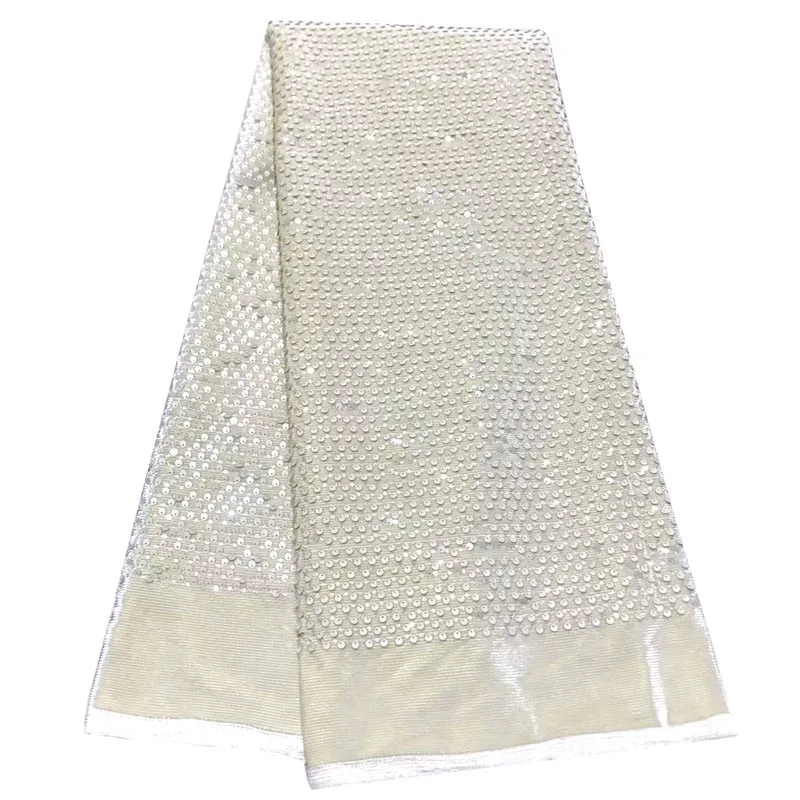 

African Sequins Lace Fabric 2019 Beige High Quality Nigerian Tulle Lace Fabric For Party Dress French Lace Fabric F1565
