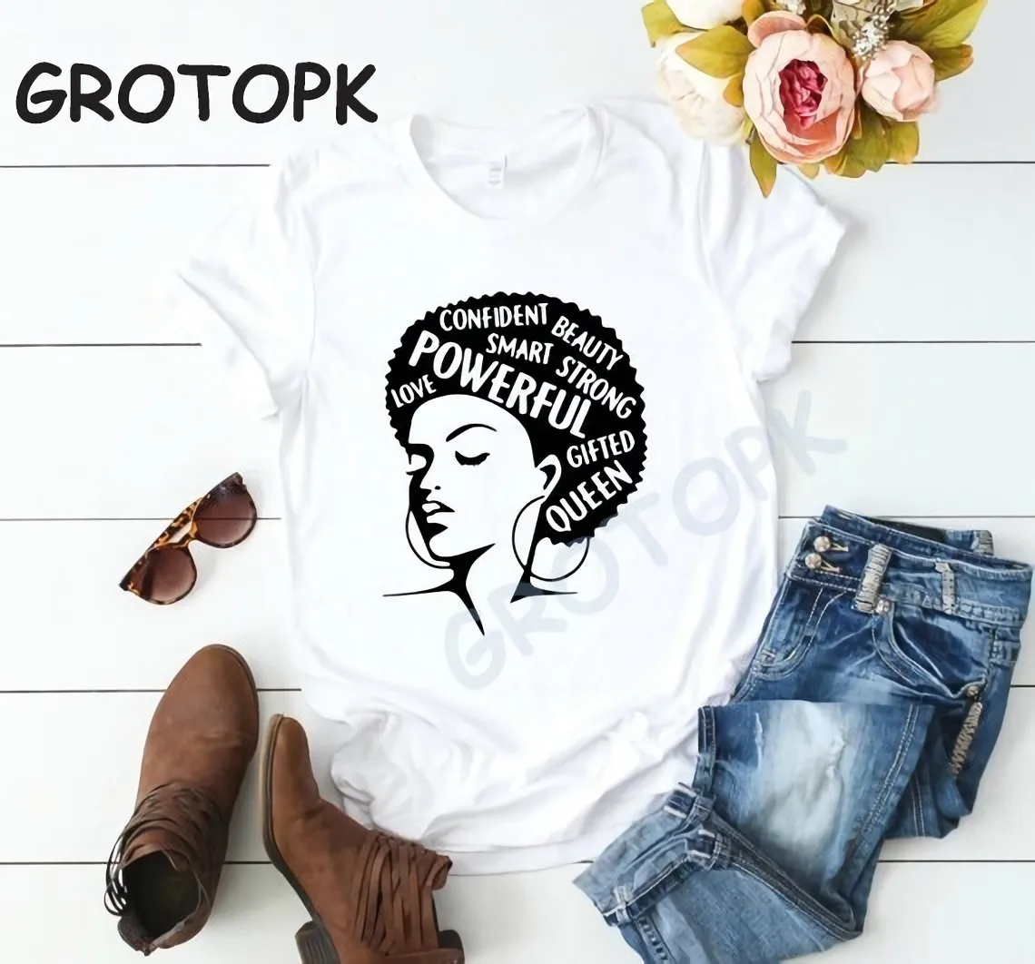 

Powerful Women Black Girl Magic Harajuku Tshirt 100% Cotton Summer Vintage T Shirt Female T-shirt Smart Strong Lady Tops&tees