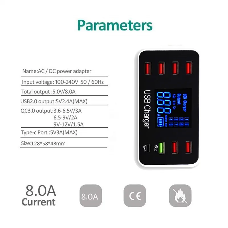 Quick Charge 3.0 Smart 8 Ports USB Charger Station LED Display Fast Charging Power Adapter Desktop Strip USB Phone Charging HUB (5)