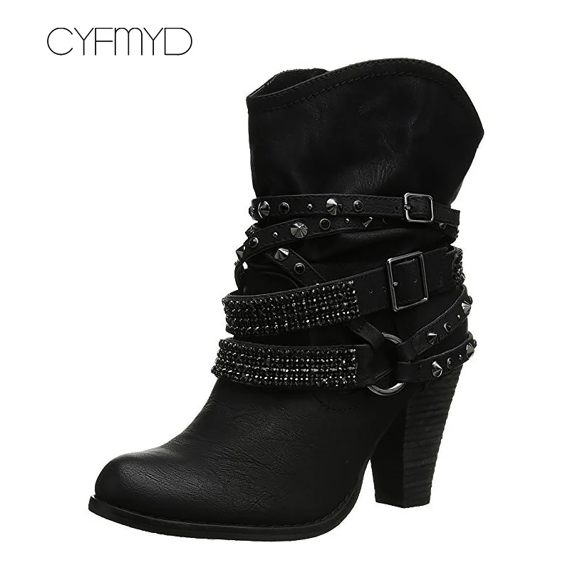 

Rivet crystal large size 4.5-10.5 ankle boot for woman increase round toe spike heel boots 2019 new fashion autumn