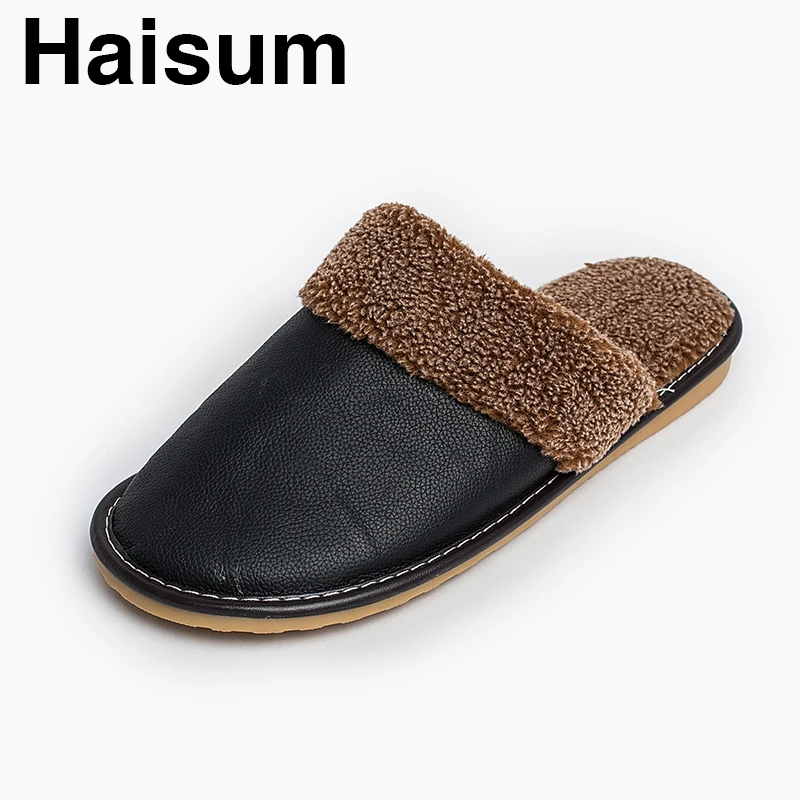 

Men 's Slippers Winter genuine Leather Home Indoor Non - Slip Thermal Slippers 2018 New Hot Haisum H-8812
