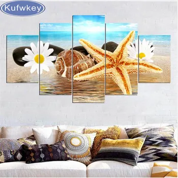 

3d DIY Diamond Painting Cross Stitch sea Shell starfish scenery Full Rhinestone painting Diamond Embroidery 5pcs wall Home Decor