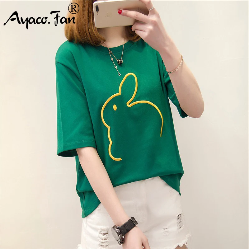 

Plus Size Summer 2019 New Cute Animal Embroidery Print Women T-Shirts O-Neck Loose Female Tops Tees Casual Lady Girls T-Shirt