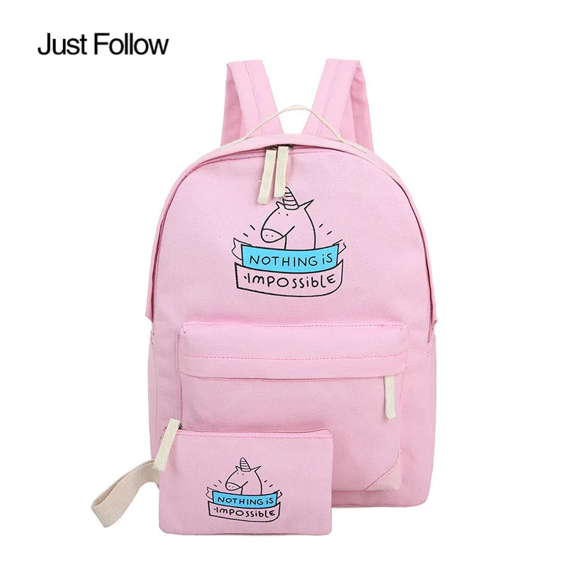 Just Follow Brand 7 COLORS canvas backpack 2017 New for teenage girls cartoon bags cute unicorn
