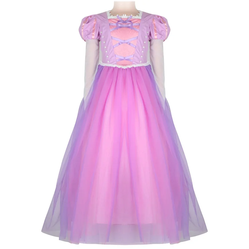 Dress Платье принцессы для девочек в стиле Рапунцель детский шифоновый костюм с длинными рукавами детское платье для костюмированной вечеринки с париком на день рождения - Цвет: Dress