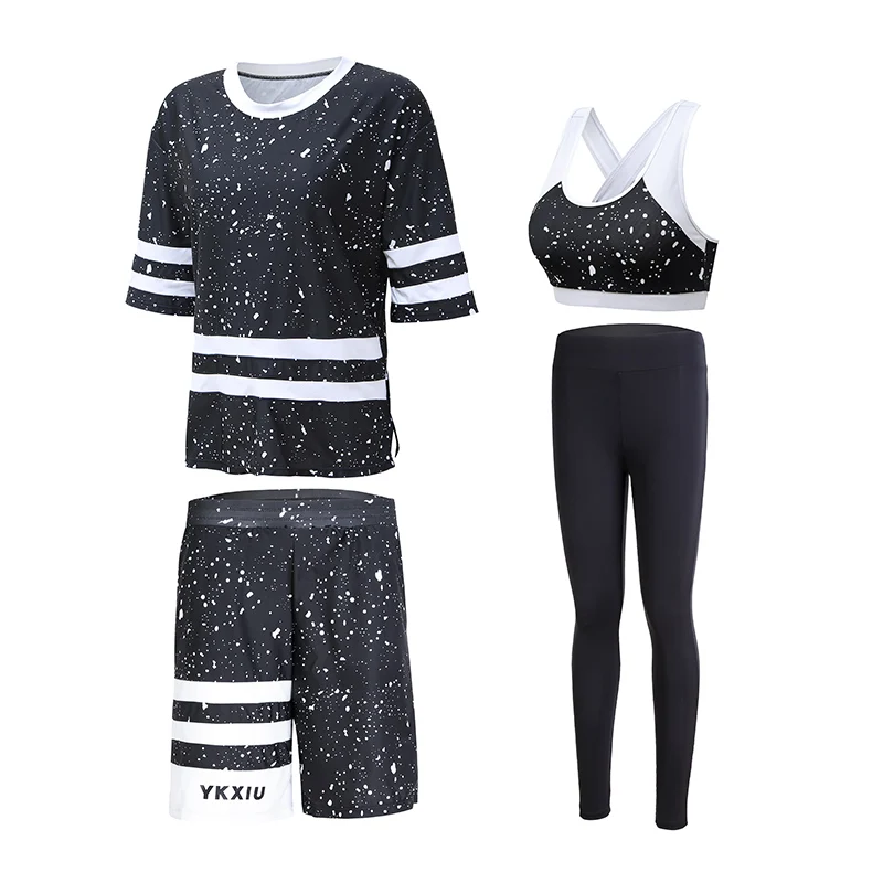 

Fitness Women 4 in 1 Yoga Set Yoga Bra & Yoga Pants & Dot T-Shirts White /Black Gym Clothes Sport Wear Running Outdoor Jogging
