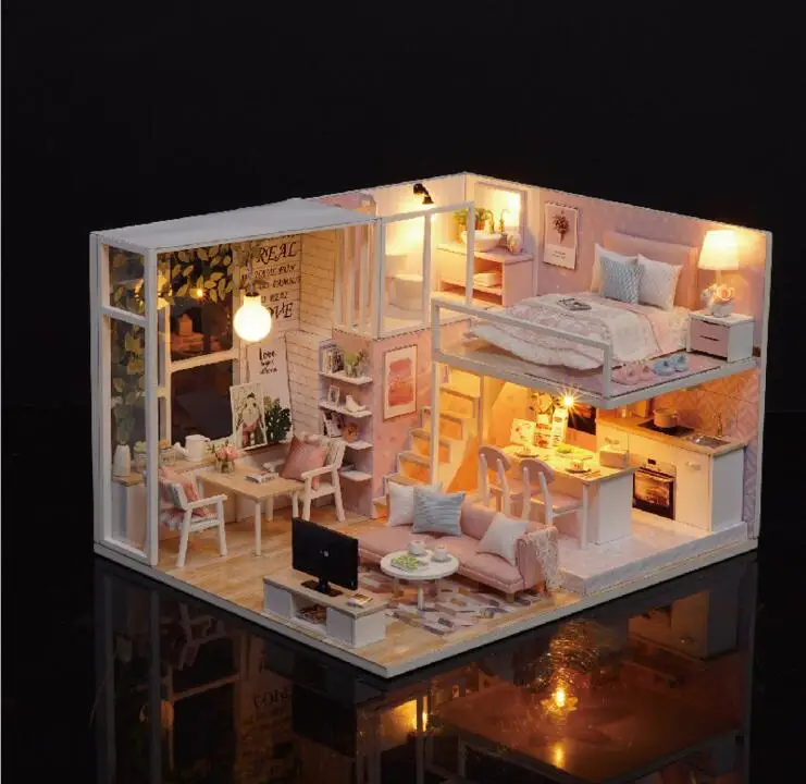 Розовый стиль принцессы DIY Кукольный дом 3D Деревянный миниатюрный кукольный