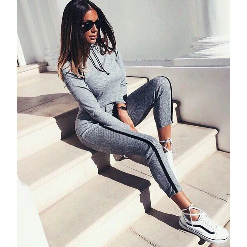 

ZP 2019 Tracksuit 2pcs Women Set Hoodies Crop Top Sweatshirt+Side Stripe Pants Hooded 2 Pieces Sets Women Clothing Suits Female
