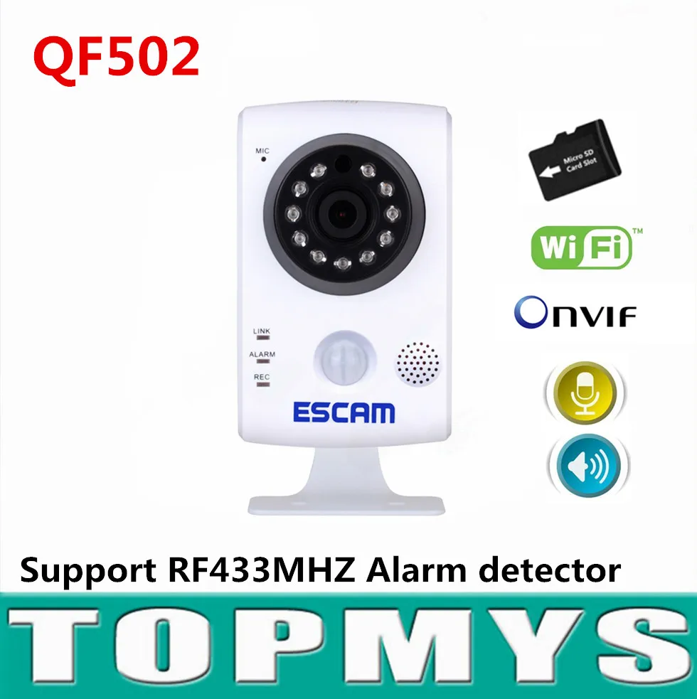 

Escam mini IP camera QF502 720P HD 1MP P2P home security CCTV camera support RF433HZM alarm Built in TF card slot Onvif H.264