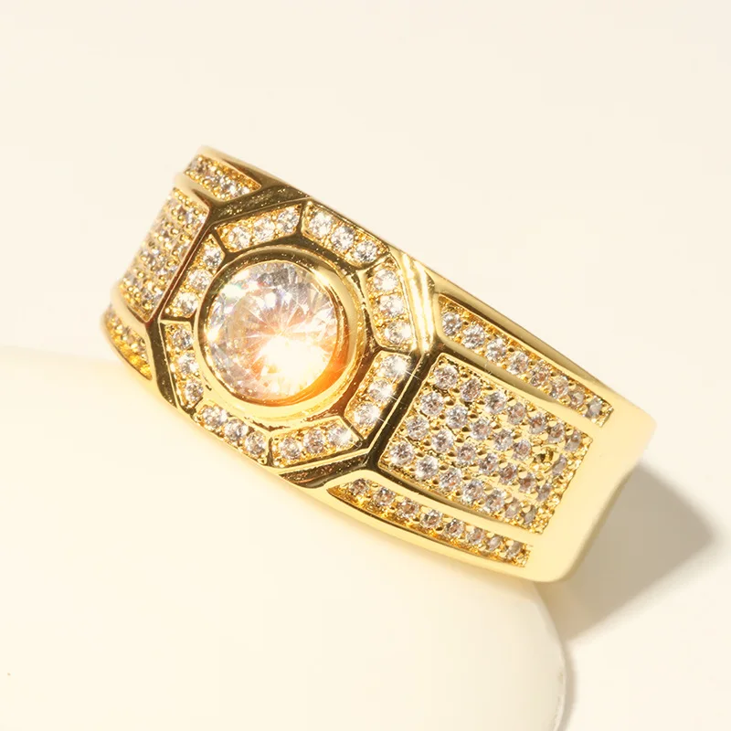 Fashion Gold Color and S925 Sterling Stamp Classic Men's Punk Style Hip Hop Ring Band Cool Gold Crystal AAA CZ Ring Jewelry