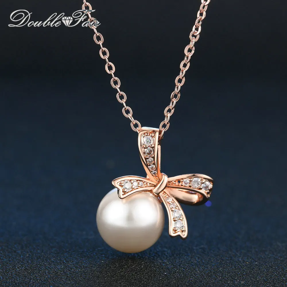 Double Fair Womens Rose Gold Plated Dark Gray Simulated Pearl Pendant Necklace Birthday Gift