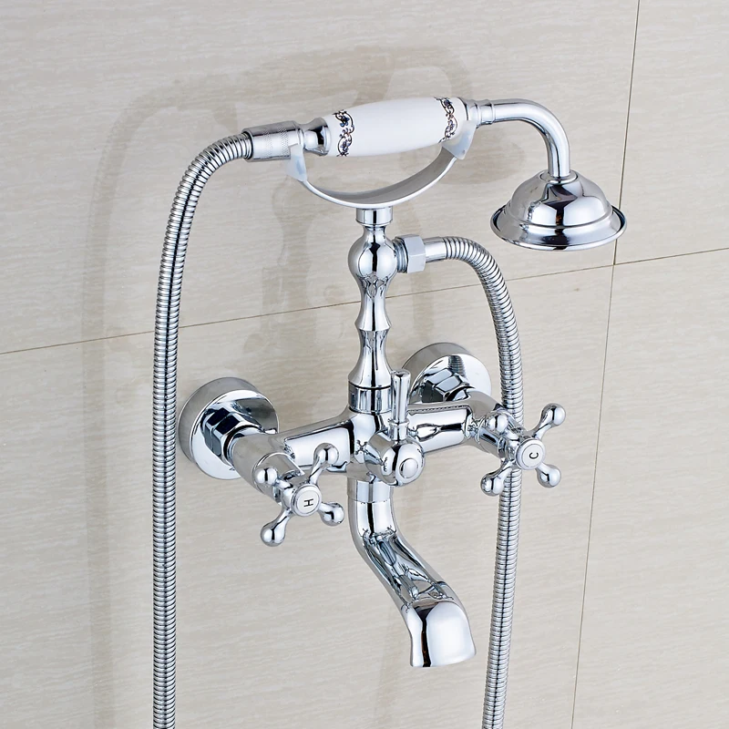 Solid Brass Bathroom Shower Faucet Double Handles Swivel Spout Tub