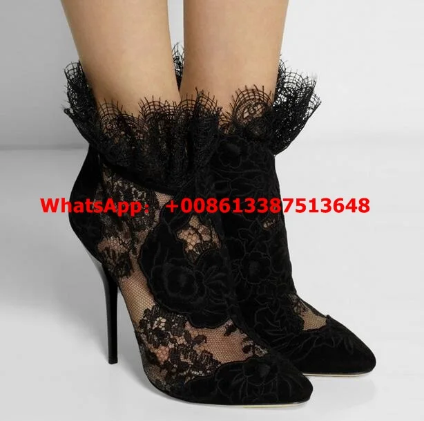 Fashion Women Pointed Toe Booties Sexy Black Lace Ankle Boots Back Zipper High Heels Boots Female Dress Shoes