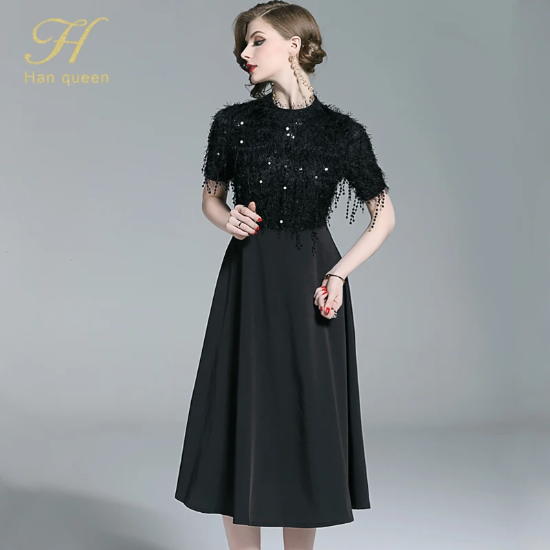 H Han queen, черное платье, женское летнее платье с блестками и кисточками для вечеринки, vestidos, высококачественное, Дамское, модное, тонкое, длинное, для работы, Повседневное платье