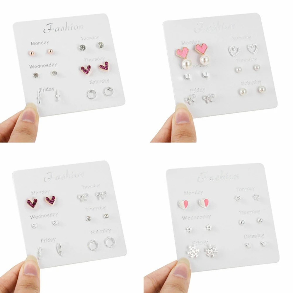 

12 Style 4-9 Pair/Sets Heart Flowers Bow Symbol Stud Earrings Set 2019 New Rhinestone imitation Pearl Earrings for Women Gift