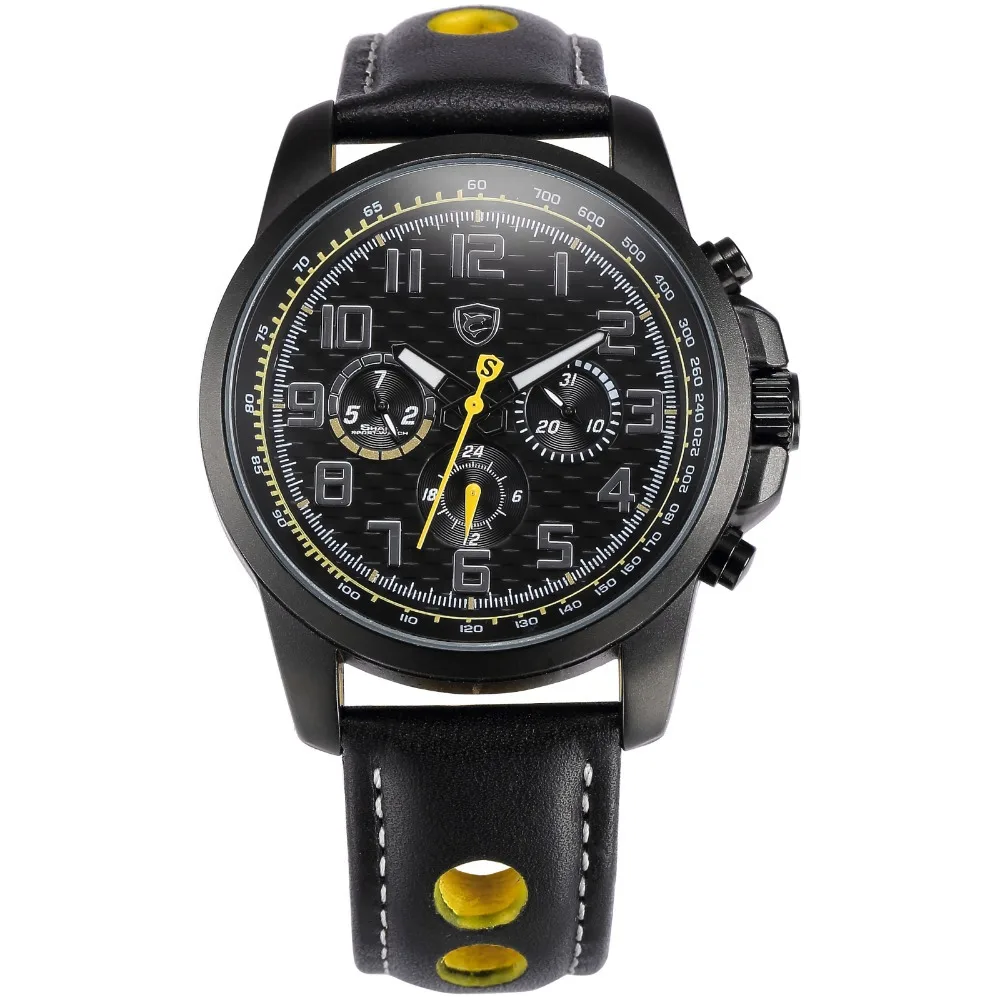 

Brand Shark Sport Watch Men 6 Hands Day Date Display Hollow Leather Strap Relogio Male Clock Montre Military Wristwatch / SH184