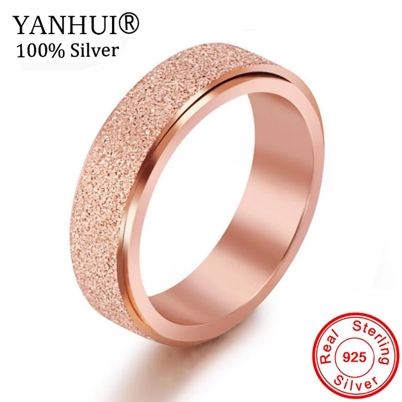 cheap YANHUI New Fashion 925 Solid Silver Rose Gold Color Scrub Rings Gift Jewelry Wedding Rings For Women MSRG086