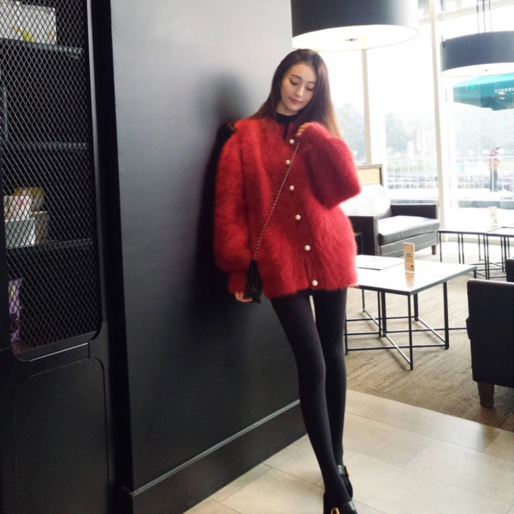 

Women New Arrivals Pure Thick Warm Real Mink Cashmere Sweater Shinny Button Good Quality Lady Cardigans wsr364