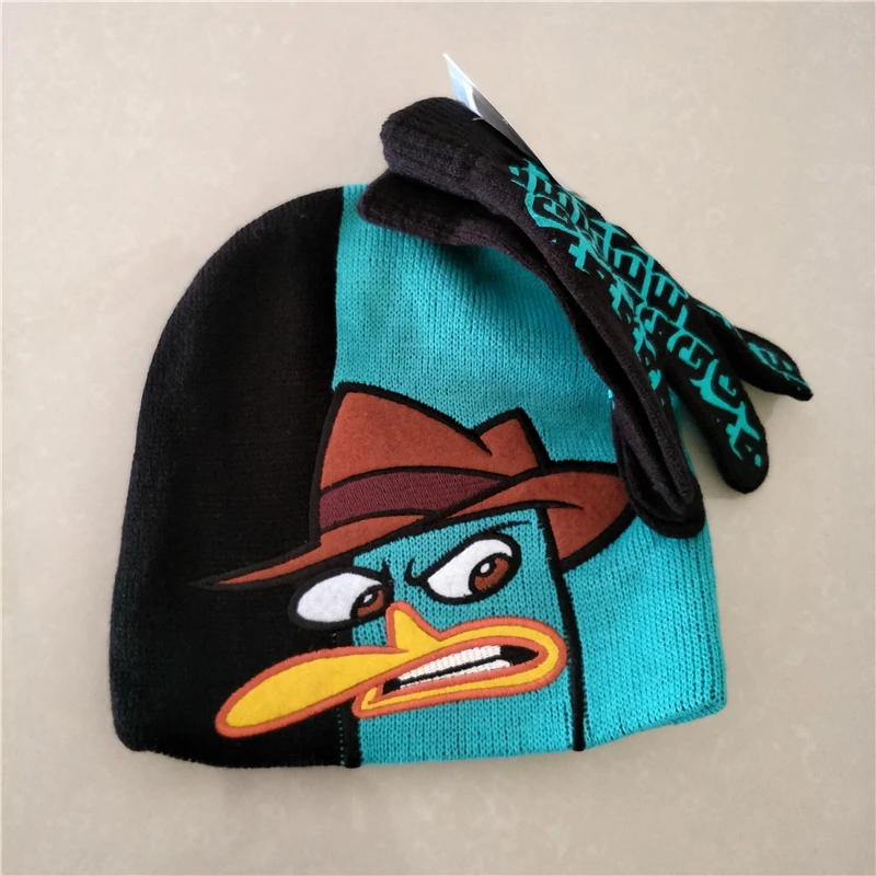 Phinas Ferb/зимние шапки с героями мультфильмов; Perry The Platypus Agent P; Детские кепки для мальчиков; Gorro Masculino Bones Skullies Beanies с перчатками