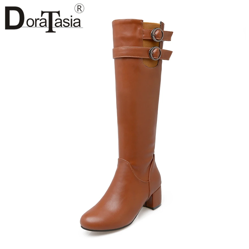 

DoraTasia New Fashion Metal Decoration 5cm Med Square Heels Solid Warm Zip knee-high Boots For Women 2019 Plus Size 32-43