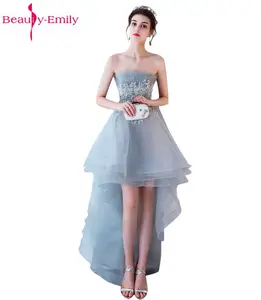 Beauty-Emily Grey Evening Dresses Sexy Strapless Tulle Appliques Lace-Up Beach Prom Dress Built-In Bra Evening Party Gowns