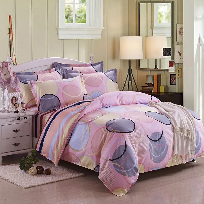 

100% Cotton Pink Duvet-Cover with Circle Pattern Plaid stripe Bed Sheets Fashion Boy/girl/adult Set Soft Pillowcase Bedding Set