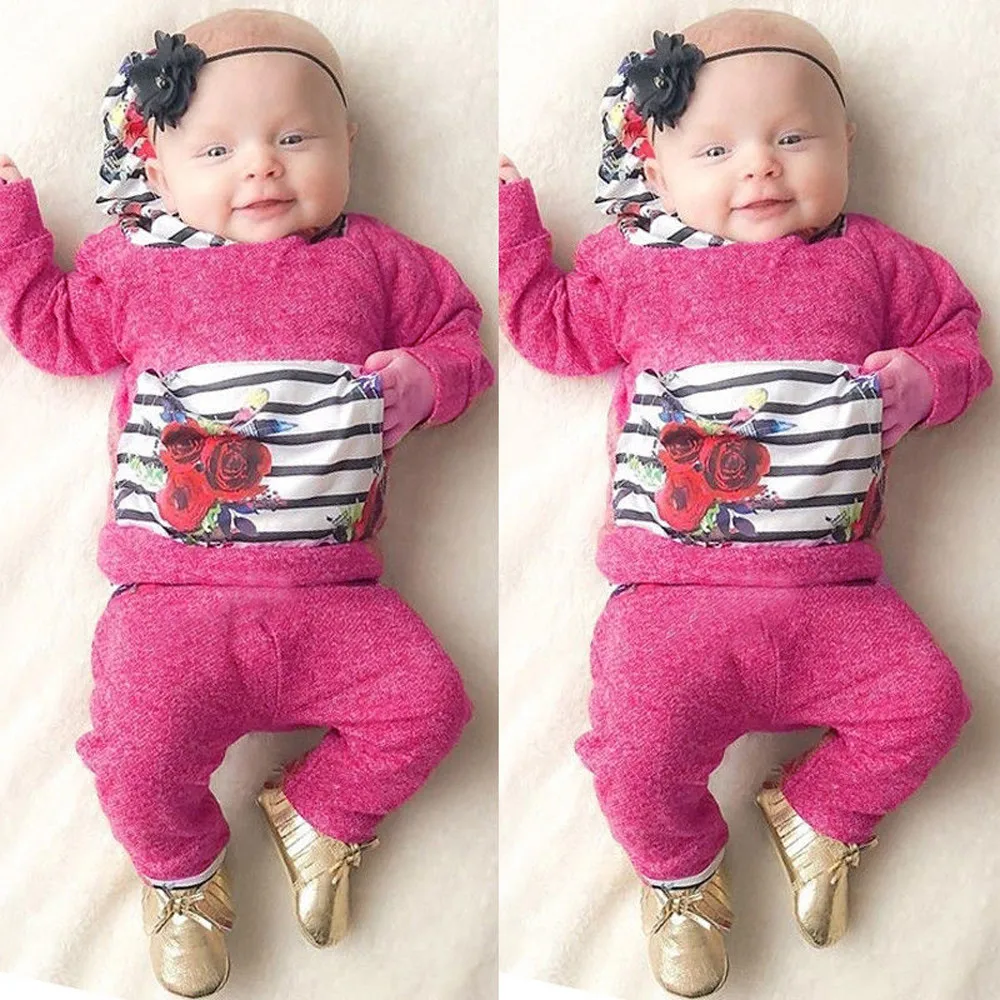 

2PCS Baby Girl Clothes Newborn Winter Set Floral Striped Print Hooded Tops Pullover Pants Outfits Casual Baby Clothes T#