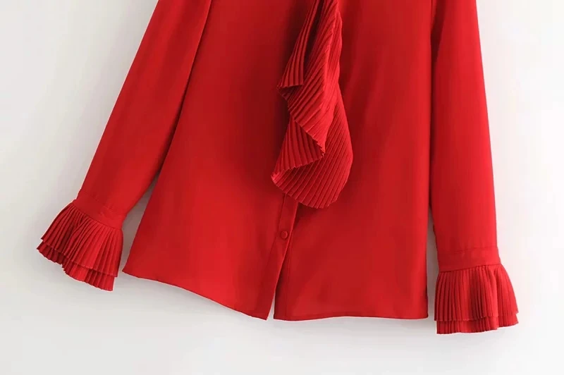 Повседневные плиссированные женские блузки с расклешенными рукавами, модные красные рубашки, осенняя уличная одежда, свободные топы, женские блузки S3619