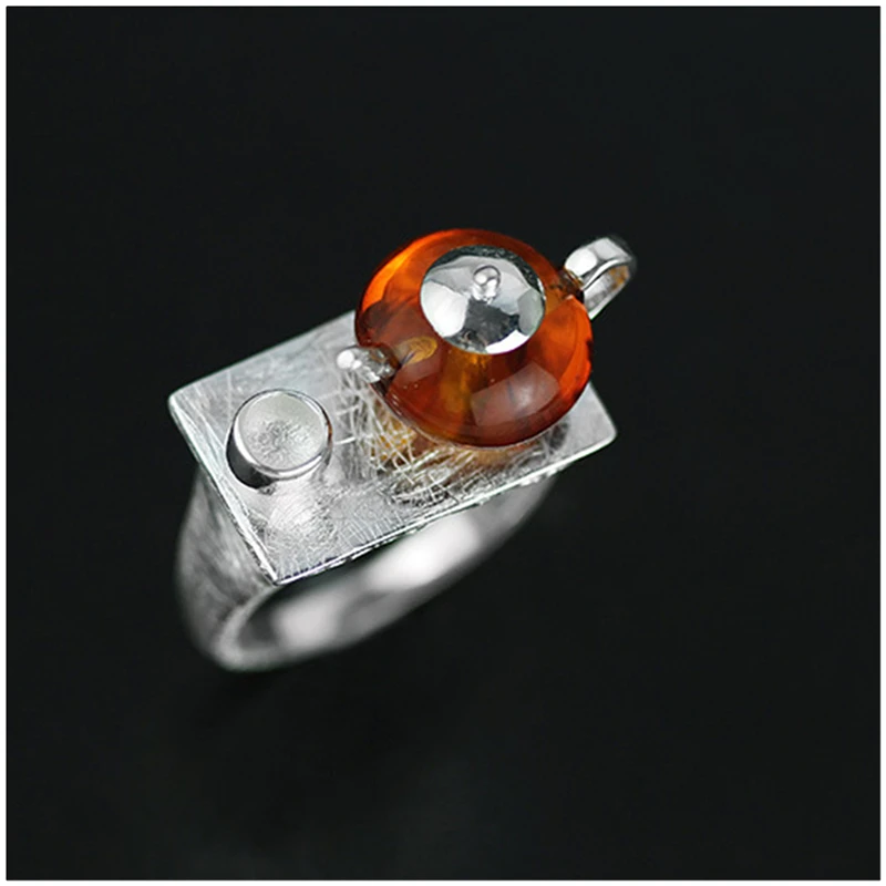 Lotus Fun Real 925 Sterling Silver Vintage Ring Natural Amber Original Handmade Fine Jewelry Cute Teapot Rings for Women Gift