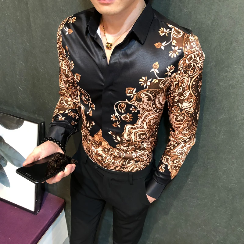 FRPE-Men Slim Fit Stylish Flower Printed Short Sleeve Single Breasted Shirt