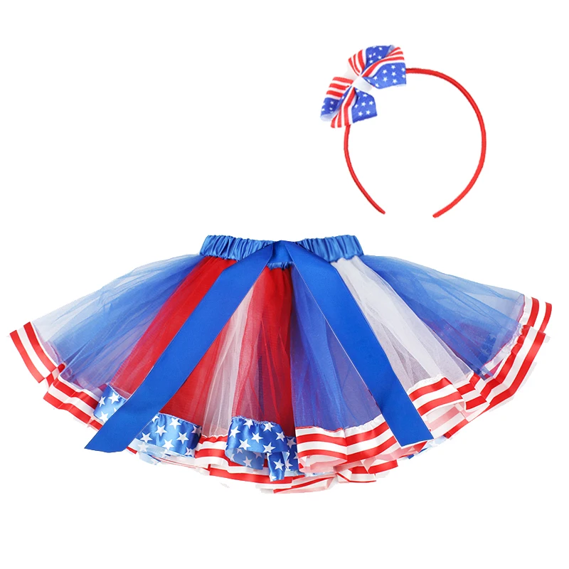 

4th Of July Girl Tulle Tutu Skirt Headband 2pcs Sets Toddler Baby Girls Clothes Blue White Red Kids Mini Mesh Rainbow Pettiskirt