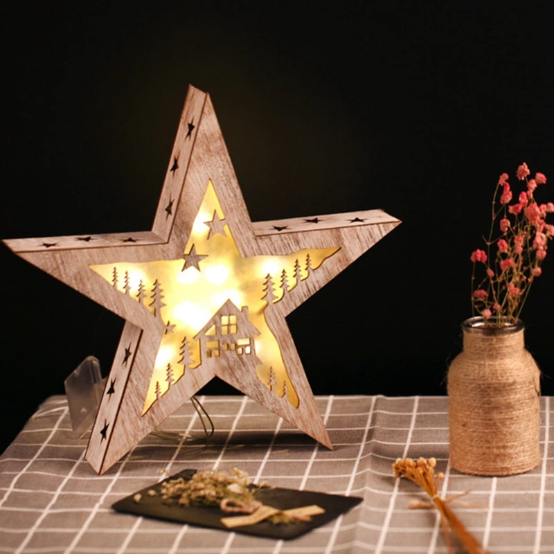 Creative Wooden Pentagram LED Night Lamp Indoor Christmas Halloween Holiday Decoration Table Star Lighting for Children Gift (5)