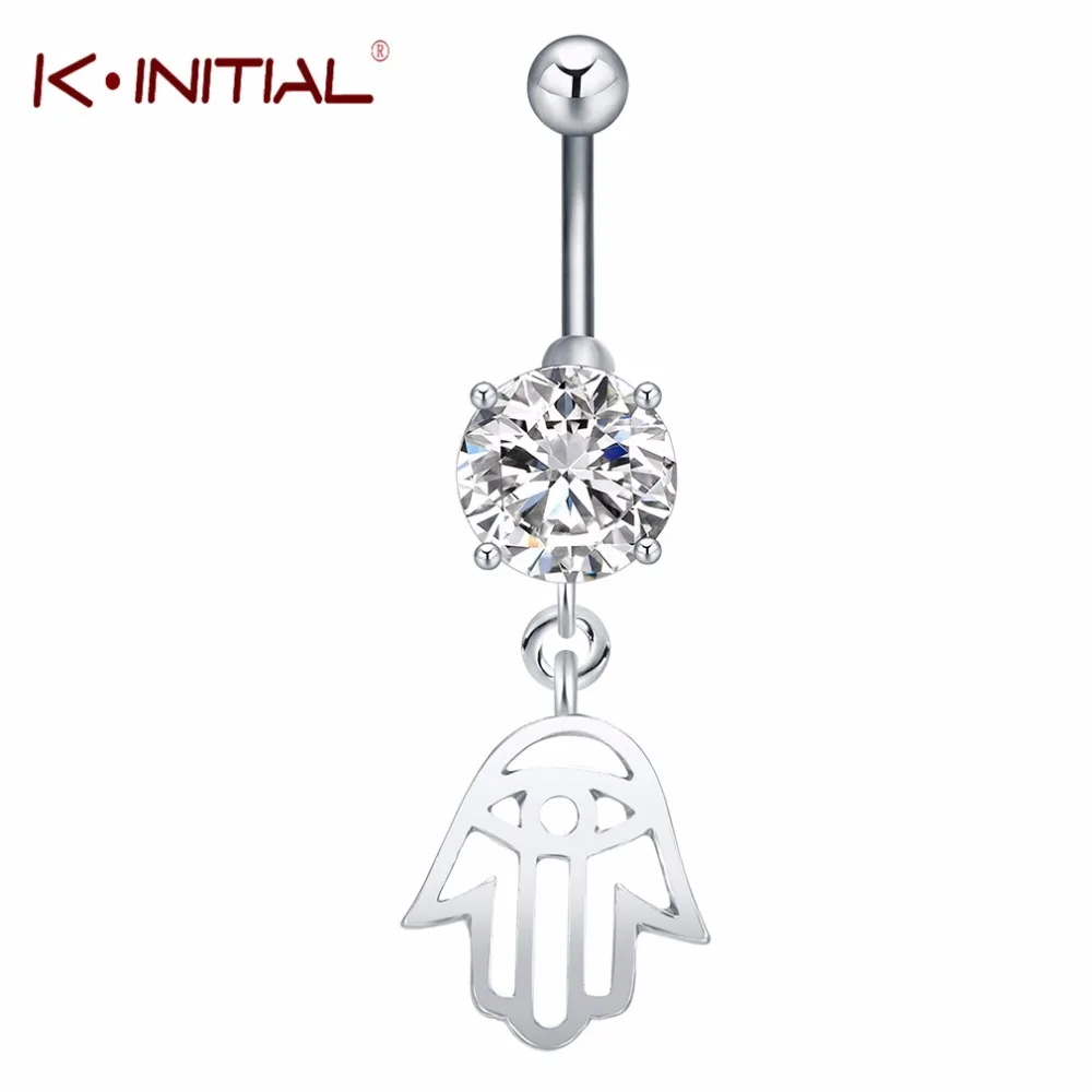 

Charming Hasma Hand Pendant Piercing Body Jewelry White Rhinestones Inlaid Navel Belly Button Ring for Women Sexy Bijoux