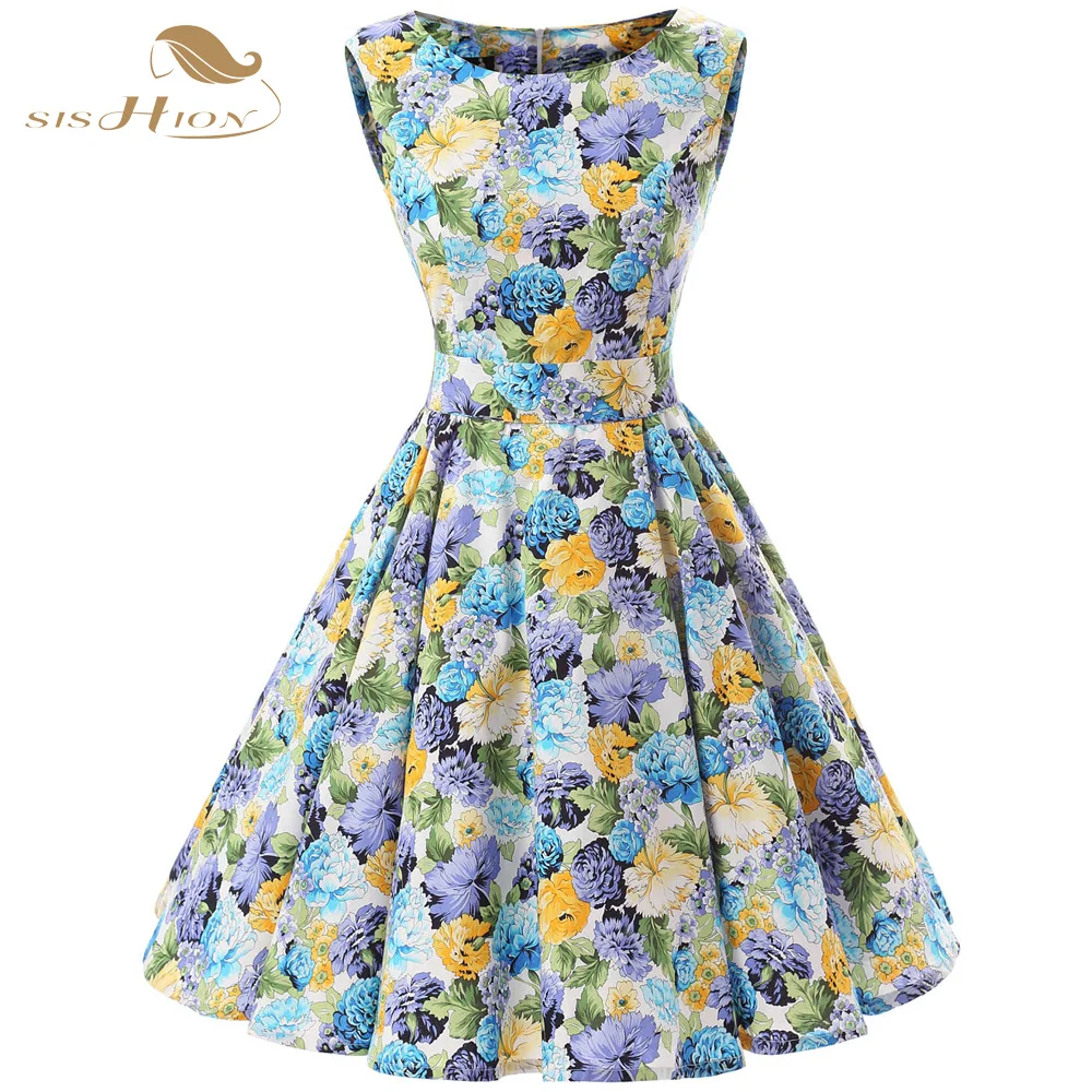 Женское Хлопковое платье с цветочным принтом без рукавов|retro 50s|rockabilly dresscotton dress |