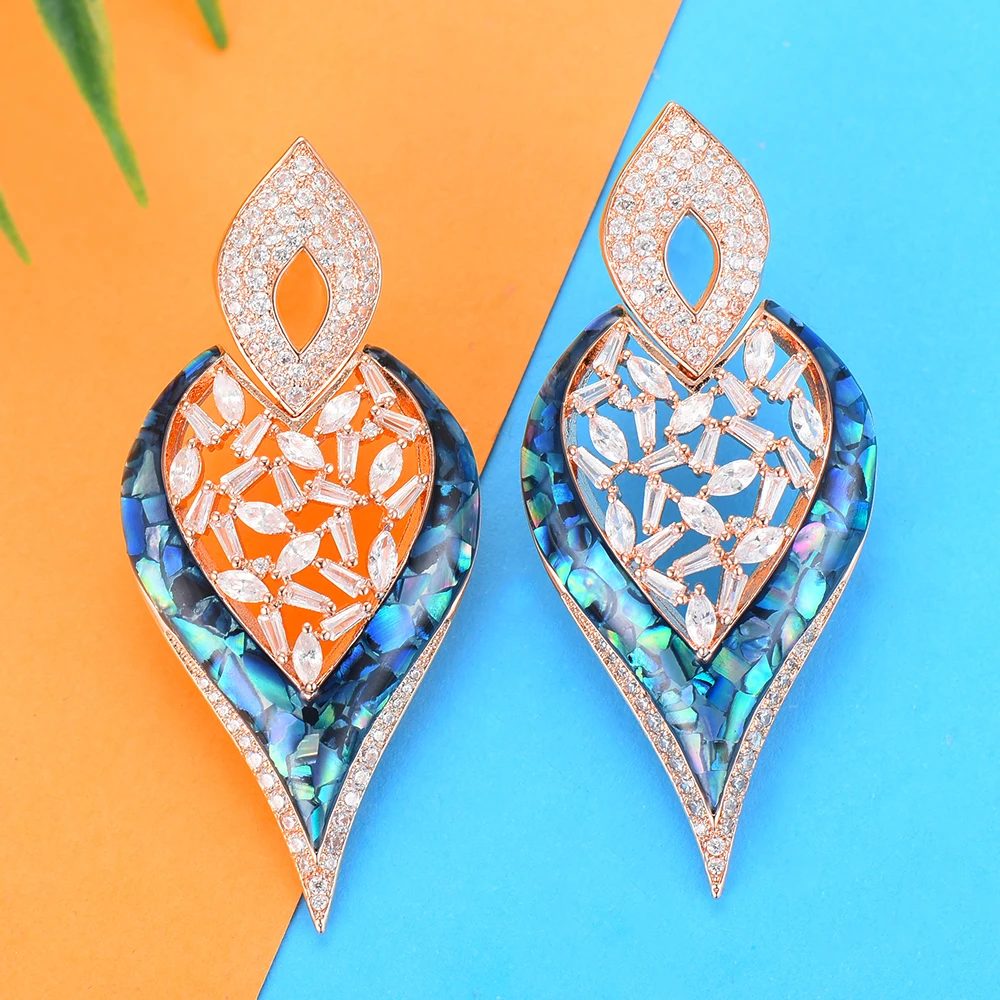 

GODKI Luxury Blue Shell Dangle Earrings Trendy Cubic Zircon Wedding Engagement Party Dubai Gold Earrings for women 2019
