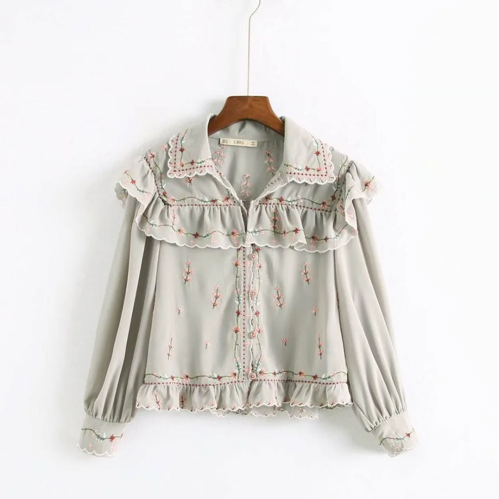 2019 New Women Blouses Shirts Embroidery Chiffon Floral Ruffle Chic Tops Modern Lady's Casual Wear Female Blusa DS07 (7)