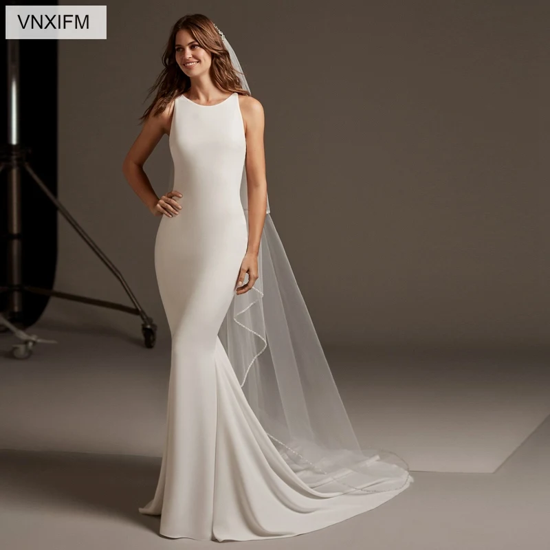 

VNXIFM 2019 New Mermaid Wedding Dresses O Neck Appliques Satin Wedding Gowns Zipper Bride Dress Sleeveless Boho vestido novia