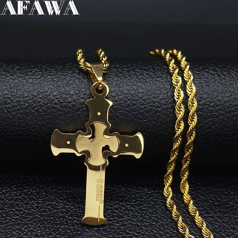 

2019 Fashion Big Long Stainless Steel Necklace for Men Gold Color Cross Jesus Chain Necklace Jewerly kolye erkek N18941