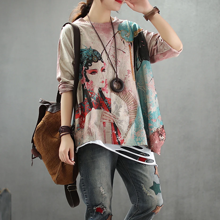 

Women Sweater Pullover Tops Knit for Spring Autumn Big Loose Oversized Retro Vintage Peking Opera Patterns Casual AZ37212317