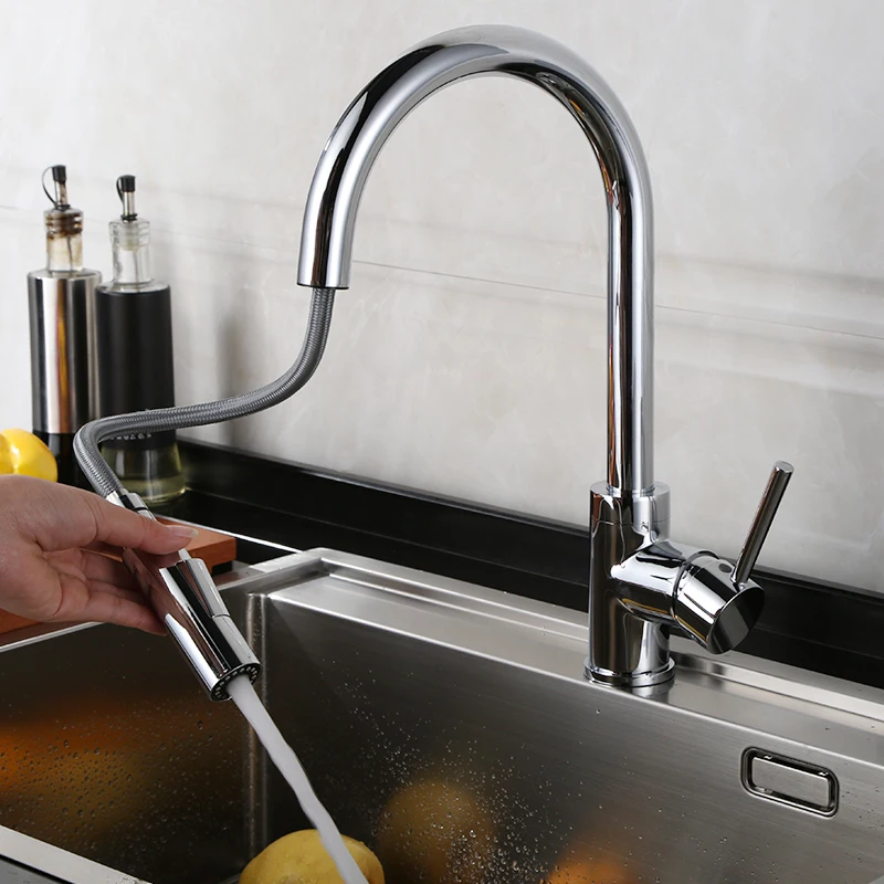 

Full copper dual mode nozzle, cold and hot mixer put out kitchen faucet rotary suction tap 360 degree chrome single hole