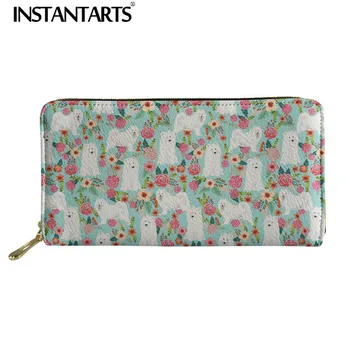 

INSTANTARTS Pretty Dog Samoyed Print Women Luxury Design Long Wallet Fashion Tote Shopper Purse Leather Pocket Coin Clutch Purse
