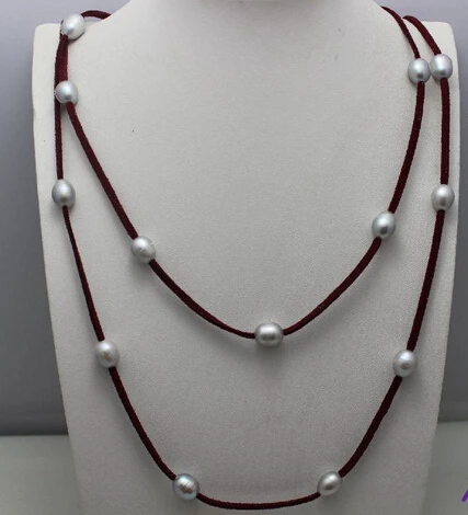 

free shipping ddh003701 Gray Freshwater pearl red leather necklace 10x12mm 48INCH