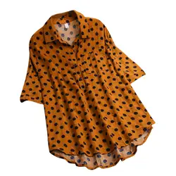 Женская блузка с коротким рукавом топы в горошек Свободная блузка пуговица для пуловера Топы рубашка сорочка Femme Manche Longue De Luxe Hot