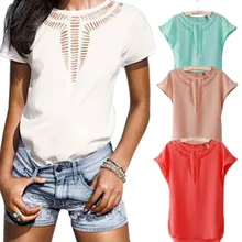 Women Casual Chiffon Blouse Short Sleeve Shirt Summer Carved Hollow Round Neck Blouse Tops -30