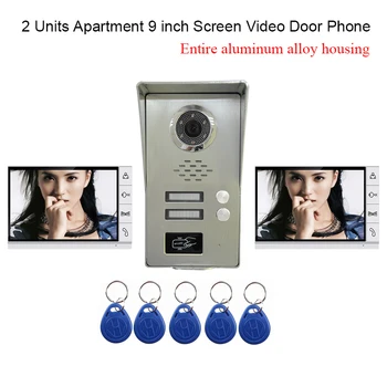 

LUXURY 2 Units Apartments 9" LCD Screen Aluminium Alloy Video Door Phone Intercom Kit Waterproof Dustproof+5 pcs RFID Keyfobs