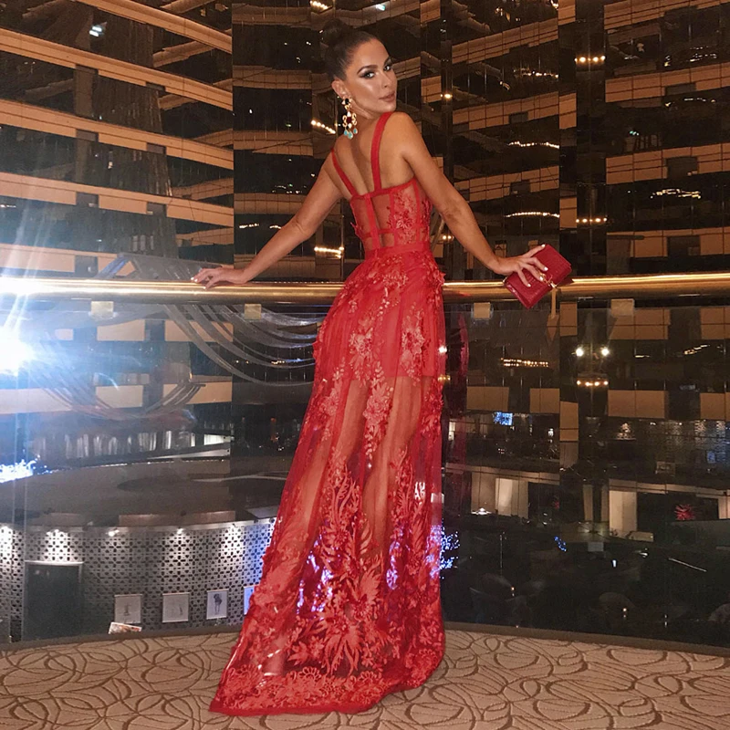 

New Elegant Red Sexy Slim Long Lace Dress