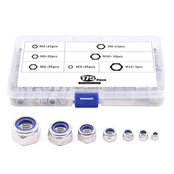 

175pcs Metric 304 Stainless Steel Nylon Lock Nut Assortment Kit Size Include: M3 M4 M5 M6 M8 M10 M12 (Lock Nuts)