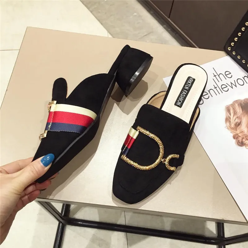 

Brand Designers 2019 Spring splice Metal Decoration Flock Flat Slides Embroidery Slip On Loafers Mules Flip Flops Slippers