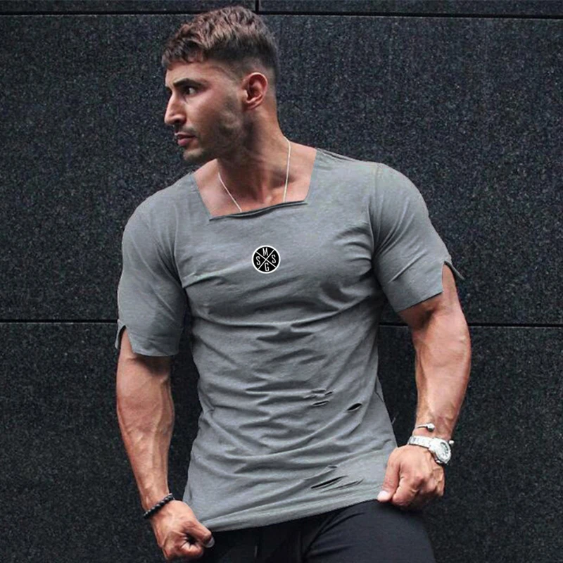 

New Summer Clothing Fashion Ripped Hole T Shirt Men Cotton Breathable Mens Tight Short Sleeve Fitness t-shirt Gyms Tees